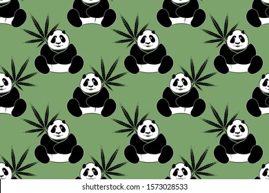 Vector seamless pattern. Panda with cannabis leaves.