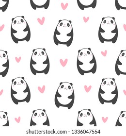 Vector seamless pattern. Panda with hearts. Cartoon style