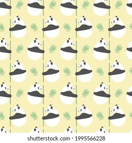 vector seamless pattern, panda sits and holds bamboo in its paw, leaves, for print, bed, decor