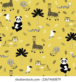 Vector seamless pattern with panda, snake, giraffe, tiger, bird, parrot.Tropical jungle cartoon creatures.Pastel animals background.Cute natural pattern for fabric, childrens clothing,wrapping paper.