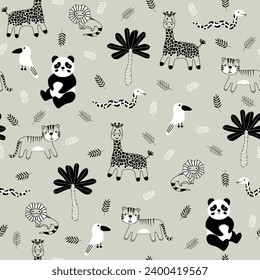 Vector seamless pattern with panda, snake, giraffe, tiger, bird, parrot.Tropical jungle cartoon creatures.Pastel animals background.Cute natural pattern for fabric, childrens clothing,wrapping paper.
