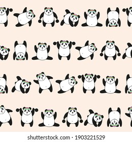 Vector seamless pattern Panda sports.Cute bear in different poses,cartoon design.