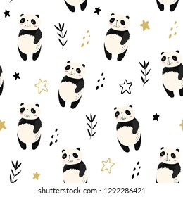 Vector seamless pattern with pandas. Scandinavian style