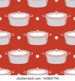 Vector seamless  pattern with pans and dots.
Red pattern for kitchen.