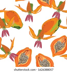 Vector seamless pattern with papaya fruits and exotic flowers. Tasty tropic background, grunge decorative texture. 