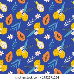 patrón vectorial sin fisuras con frutos de papaya, limón, fruta de dragón y hojas de palma. patrón brillante en un estilo plano para imprimir en tela, papel envolvente. fondo tropical de verano