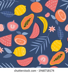 vector seamless pattern with papaya fruits, lemons, oranges, bananas, watermelons, strawberries, figs and palm leaves on blue background. tropical pattern in a flat style. summer background