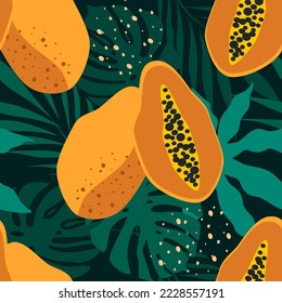 vector seamless pattern with papaya fruits and tropical leaves