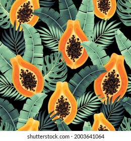 Vector seamless pattern with papaya and palm leaf
