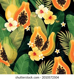 Vector seamless pattern with papaya and palm leaf