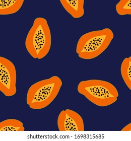 Vector de papaya sin fisuras. Patrón de frutas tropicales exóticas sobre fondo azul oscuro. Fondo colorido para el embalaje de papel, textil, estampado.