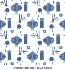 Vector seamless pattern with paper lantern, coin for luck, envelope, bamboo. Holiday traditions, symbols Chinese New Year celebration. Culture of China. Happy new year 2020 Design for fabric, print.