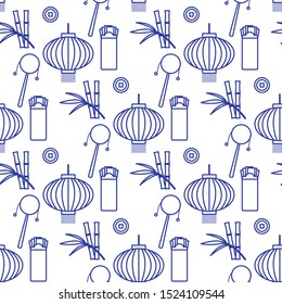 Vector seamless pattern with paper lantern, coin for luck, envelope, bamboo. Holiday traditions, symbols Chinese New Year celebration. Culture of China. Happy new year 2020 Design for fabric, print.