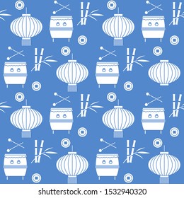 Vector seamless pattern with paper lantern, drum, bamboo. Traditional attributes national holidays of Asia. Culture of Korea, Japan, China. Happy new year 2020 Design for fabric, print, wrapping paper