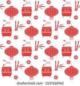 Vector seamless pattern with paper lantern, drum, bamboo. Traditional attributes national holidays of Asia. Culture of Korea, Japan, China. Happy new year 2020 Design for fabric, print, wrapping paper