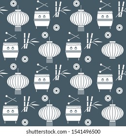 Vector seamless pattern with paper lantern, drum, bamboo. Traditional attributes national holidays of Asia. Culture of Korea, Japan, China. Happy new year 2020 Design for fabric, print, wrapping paper