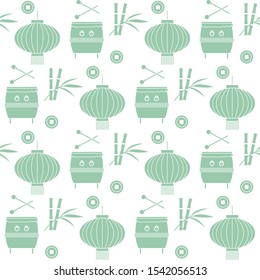 Vector seamless pattern with paper lantern, drum, bamboo. Traditional attributes national holidays of Asia. Culture of Korea, Japan, China. Happy new year 2020 Design for fabric, print, wrapping paper