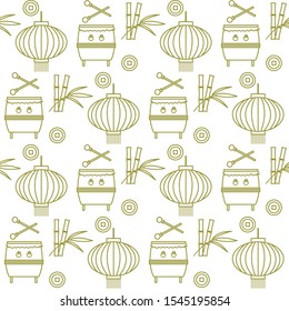 Vector seamless pattern with paper lantern, drum, bamboo. Traditional attributes national holidays of Asia. Culture of Korea, Japan, China. Happy new year 2020 Design for fabric, print, wrapping paper