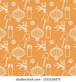 Vector seamless pattern with paper lantern, coin for luck, envelope, bamboo. Holiday traditions, symbols Chinese New Year celebration. Culture of China. Happy new year 2020 Design for fabric, print.