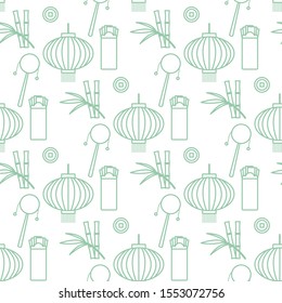 Vector seamless pattern with paper lantern, coin for luck, envelope, bamboo. 