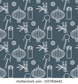Vector seamless pattern with paper lantern, coin for luck, envelope, bamboo. Holiday traditions, symbols Chinese New Year celebration. Culture of China. Happy new year 2020 Design for fabric, print.