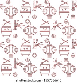 Vector seamless pattern with paper lantern, drum, bamboo. Traditional attributes national holidays of Asia. Culture of Korea, Japan, China. Happy new year 2020 Design for fabric, print, wrapping paper