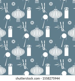 Vector seamless pattern with paper lantern, coin for luck, envelope, bamboo. Holiday traditions, symbols Chinese New Year celebration. Culture of China. Happy new year 2020 Design for fabric, print.