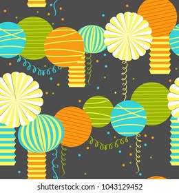  Vector seamless pattern with paper Pom Poms, lanterns and garlands.  