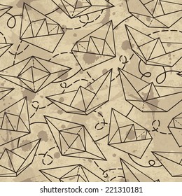 Vector seamless pattern with paper ships. Grunge background with drops and splashes