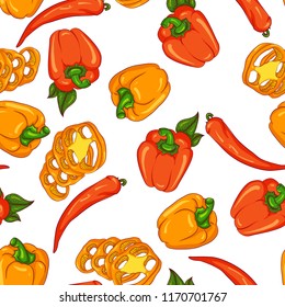 Vector seamless pattern with paprika and chili pepper. Illustration isolated on white background. Hand drawn pattern