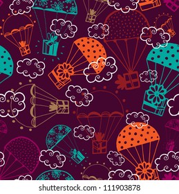 Vector seamless pattern parachutes with gifts and clouds