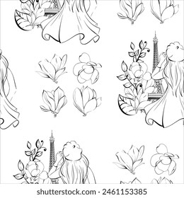  motif harmonieux de Paris fille sur fond de tour Eiffel avec magnolias, clip printanier. Tourisme français, attractions. Silhouette noire pour circuit. Conception de cartes postales, de menus, de forfaits