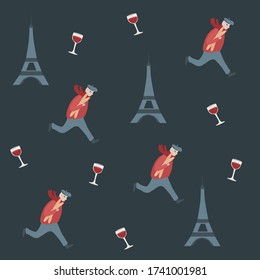 Vector seamless pattern with Paris symbols. A Parisian man with baguettes, wine glasses and Eiffel Tower. Dark blue background