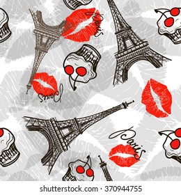 Vector seamless pattern of Paris symbols. Fashion Vector Illustration. Black and White Background with Red Lips.