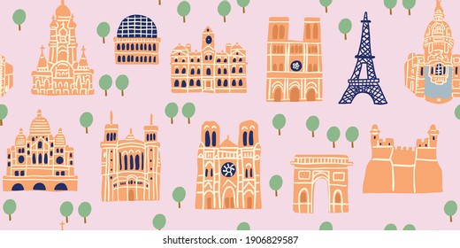 Vector seamless pattern with Parisian landmarks, monuments, trees on pink background. Tourist pattern with french landmarks. 