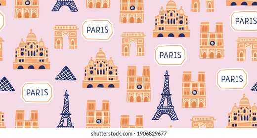 Vector seamless pattern with Parisian landmarks, parisian sign, trees on pink background. Tourist pattern with french landmarks. 