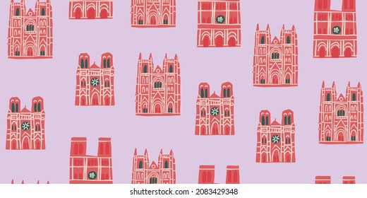 Vector seamless pattern with Parisian landmarks, monuments on pink background. Tourist pattern with french landmarks.