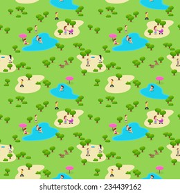 Vector seamless pattern park map summer activities with people character in flat style
