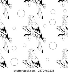 Vector seamless pattern with parrot. Linear casual style. Vacation.