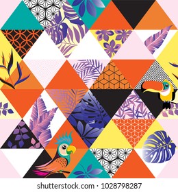 Vector seamless pattern with Parrot, Toucans and tropical palm leaves. Exotic Hawaii art background is tropical trendy. Design for fabric, textile, wrapping paper and other decoration.