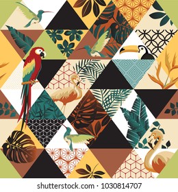 Vector seamless pattern with Parrot, Toucans, Hummingbird and tropical palm leaves. Exotic Hawaii art background is tropical trendy. Design for fabric, textile, wrapping paper and other decoration.