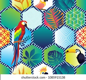 Vector seamless pattern with Parrot, Toucans and tropical leaves. Exotic Hawaii art background is tropical trendy. Design for fabric, textile, wrapping paper and other decoration.