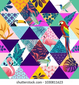 Vector seamless pattern with Parrot, Toucans,Hummingbird and tropical palm leaves. Exotic Hawaii art background is tropical trendy. Design for fabric, textile, wrapping paper and other decoration.