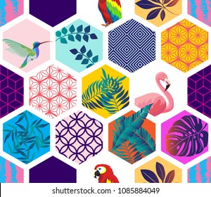 Vector seamless pattern with Parrot, Toucans,Hummingbird, Flamingo and tropical leaves. Exotic Hawaii art background. Design for fabric, textile, wrapping paper and other decoration.