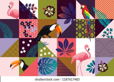 	
Vector seamless pattern with Parrot, Toucans,Hummingbird and tropical palm leaves. Exotic Hawaii art background is tropical trendy. Design for fabric, textile, wrapping paper and other decoration.