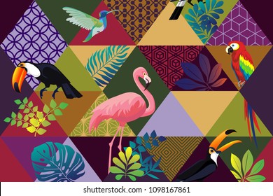 Vector seamless pattern with Parrot, Toucans,Hummingbird,flamingo and tropical palm leaves. Exotic Hawaii art background is tropical trendy. Design for fabric, textile, wrapping paper