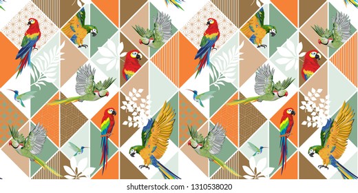 Vector seamless pattern with Parrot and tropical palm leaves. Exotic Hawaii art background is tropical trendy. Design for fabric, textile, wrapping paper and other decoration.