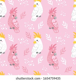 Vector seamless pattern with parrots. Cockatoo characters: white and pink bird. Cute parrots. Exotic and tropical background.