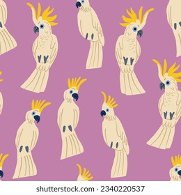 Vector seamless pattern with parrots. Cockatoo characters: white bird. Cute parrots on violet. Exotic and tropical background.