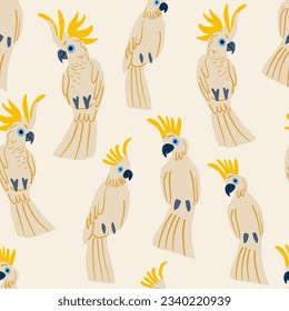 Vector seamless pattern with parrots. Cockatoo characters: white bird. Cute parrots on light. Exotic and tropical background.